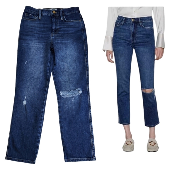Frame Denim Women's Le Sylvie Crop High Rise Straight Leg Jeans Sz 26 Distressed - Picture 1 of 14